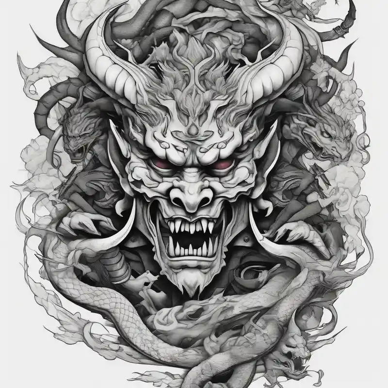 Back Tattoo with An Oni With a broken mask and a Sword, Dragons & snakes glitter tattoo – Surrealista, Blanco y negro